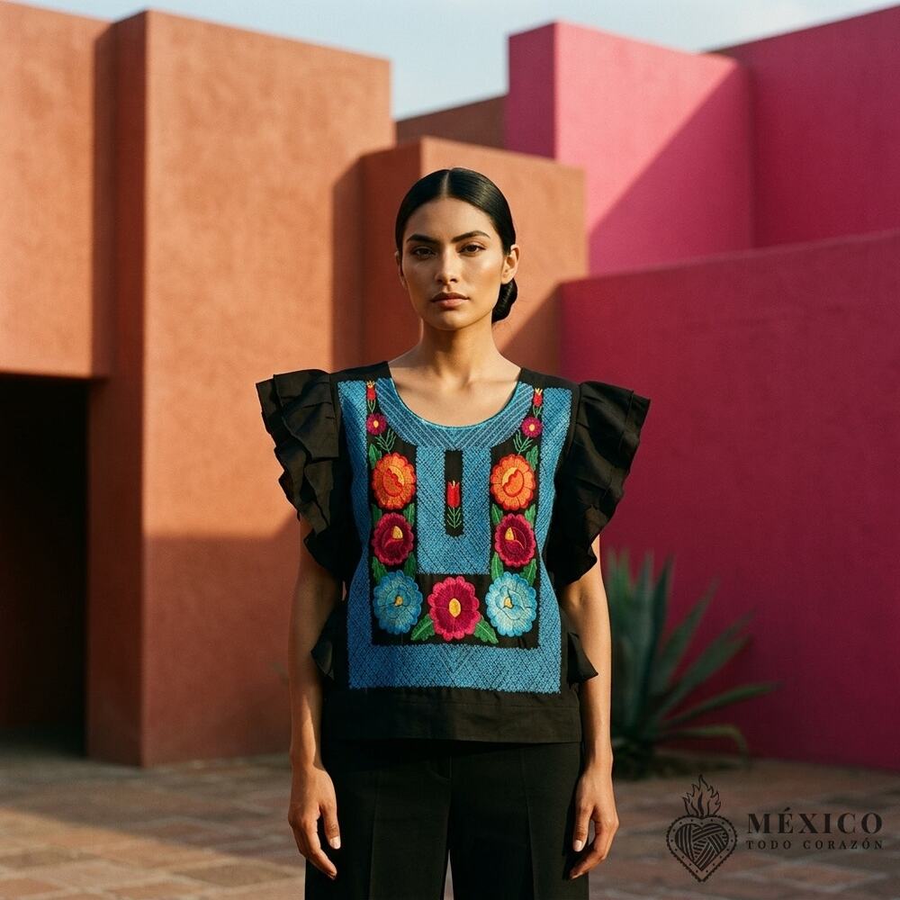 Traditional Mexican Huipil style Blouse – Handmade Embroidered Manta Top S M